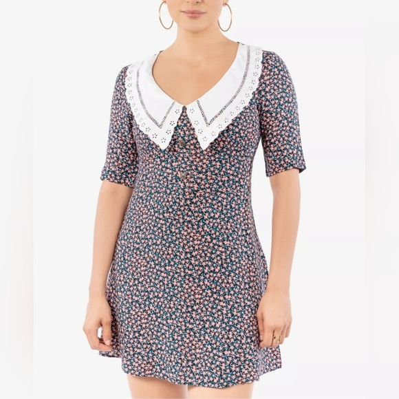 NWT $60 B DARLIN Womens Pink Black Crochet-trim Collar Mini Dress 13/14 - Picture 1 of 16